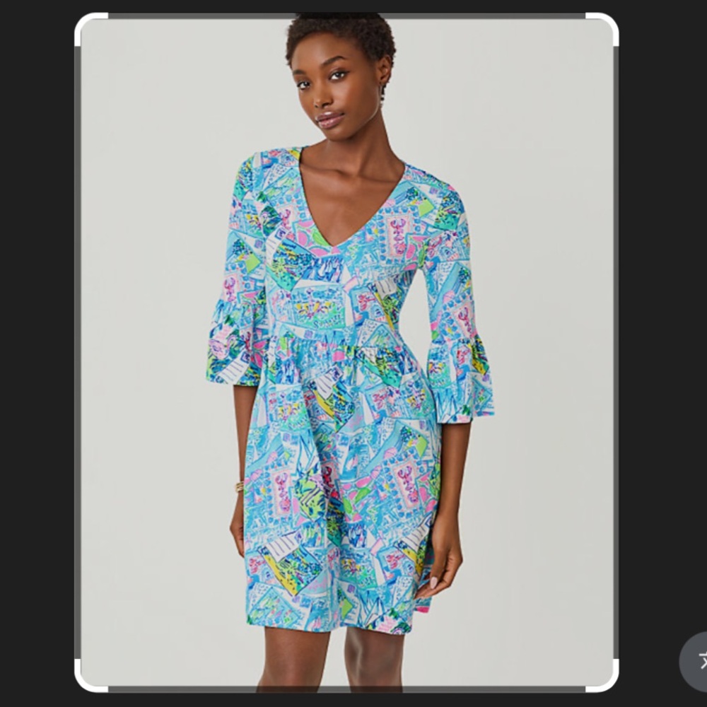 Lilly Pulitzer Jannie v-neck Colorful Patterned Dress with 3/4 Bell Sleeves NWT